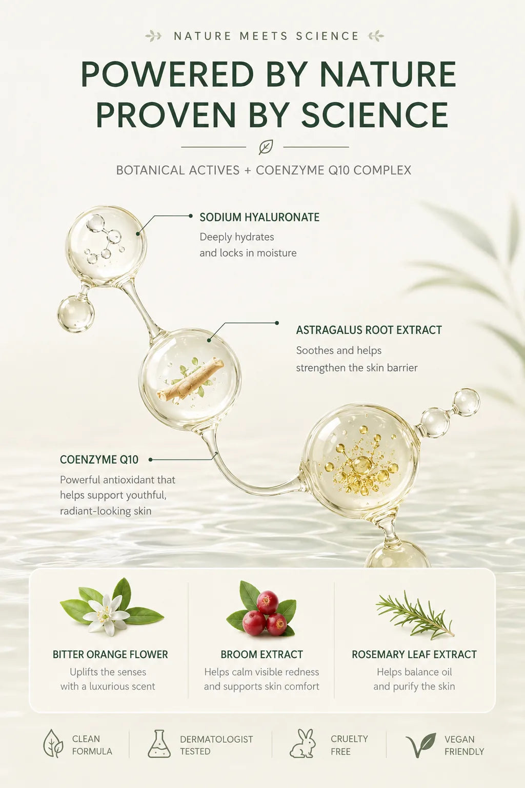 HANA UNO botanical skincare actives with sodium hyaluronate and coenzyme Q10