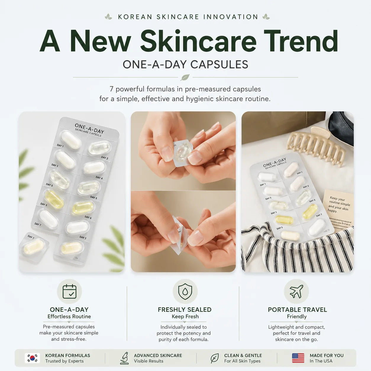 HANA UNO one-a-day skincare capsules with individually sealed travel-friendly portions