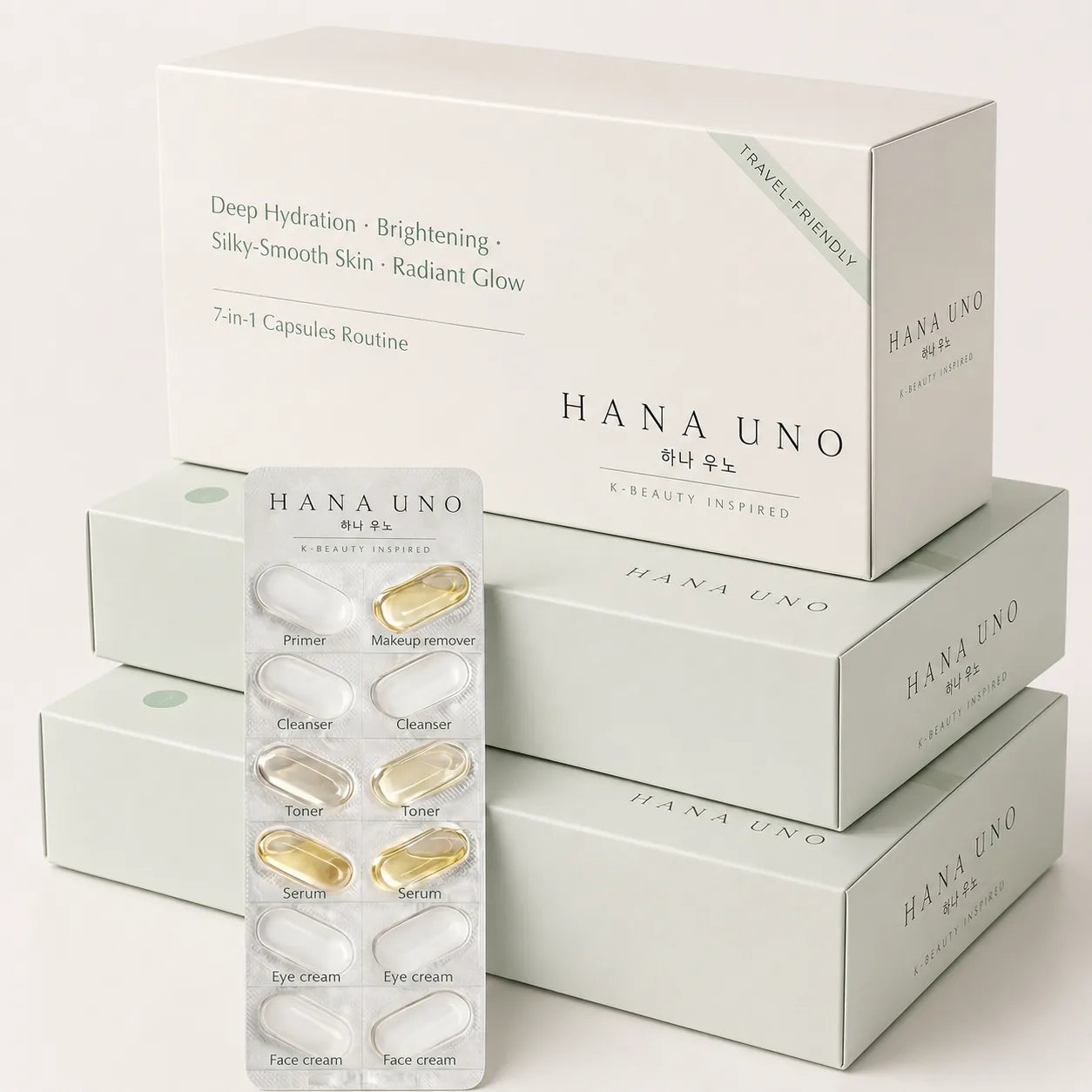 HANA UNO Korean skincare capsule ritual packaging for a clean 7-in-1 essence routine
