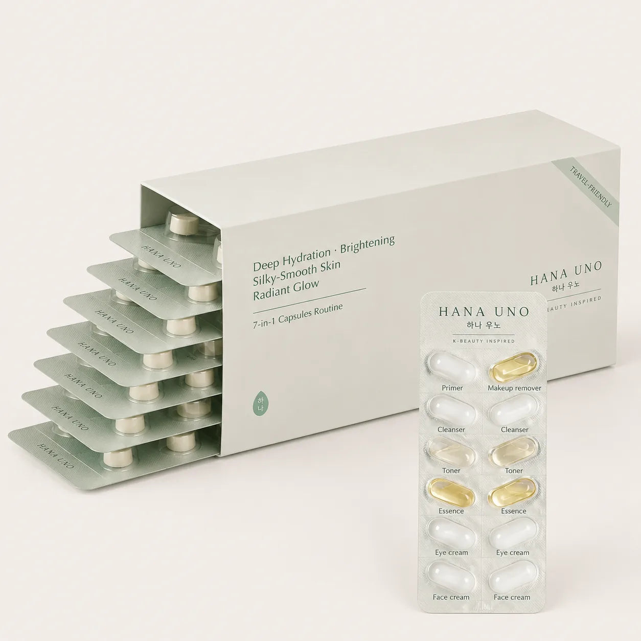 Travel-friendly K-beauty skincare capsules by HANA UNO for carry-on daily glow