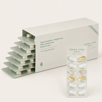 Travel-friendly K-beauty skincare capsules by HANA UNO for carry-on daily glow